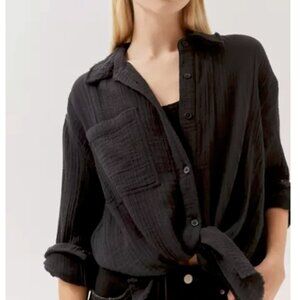S-P, OU, Lucy Oversized, Frayed Button Down, Shirt, Black, Gauze Fray Hem, crink
